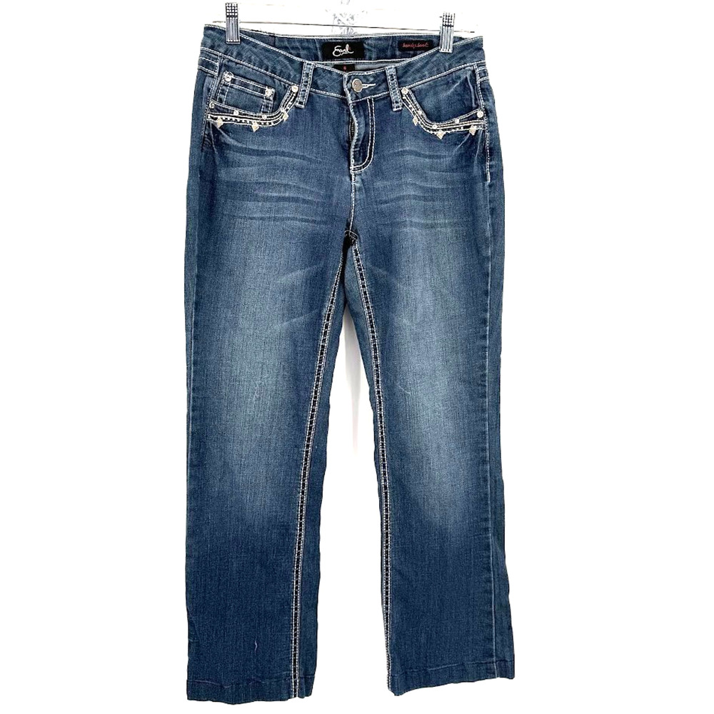 Earl Jeans Women’s 6 Stretch Denim Jeans Embellished Pockets Mid Rise Blue